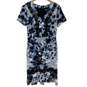 Karl Lagerfeld V-Neck Floral Short Sleeve Midi Sheath Dress Lace Ruffle Blue 2
